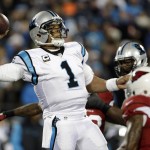 Carolina Panthers' Cam Newton throws during the first half the NFL football NFC Championship game against the Arizona Cardinals Sunday, Jan. 24, 2016, in Charlotte, N.C. (AP Photo/Bob Leverone)