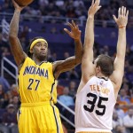 Indiana Pacers' Jordan Hill (27) shoots over Phoenix Suns' Mirza Teletovic (35), of Bosnia, during the first half of an NBA basketball game, Tuesday, Jan. 19, 2016, in Phoenix. (AP Photo/Ross D. Franklin)