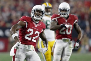 Arizona Cardinals strong safety Tony Jefferson (22) celebrates a defensive stop against the Green Bay Packers during the first half of an NFL divisional playoff football game, Saturday, Jan. 16, 2016, in Glendale, Ariz. (AP Photo/Ross D. Franklin)