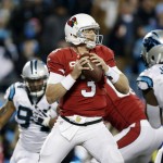 Arizona Cardinals' Carson Palmer drops back during the first half the NFL football NFC Championship game against the Carolina Panthers, Sunday, Jan. 24, 2016, in Charlotte, N.C. (AP Photo/Bob Leverone)