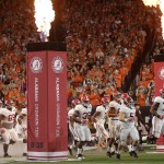 Alabama players take the field before the NCAA college football playoff championship game against Clemson Monday, Jan. 11, 2016, in Glendale, Ariz. (AP Photo/David J. Phillip)