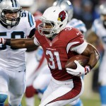 Arizona Cardinals' David Johnson runs during the first half the NFL football NFC Championship game against the Carolina Panthers,  Sunday, Jan. 24, 2016, in Charlotte, N.C. (AP Photo/Mike McCarn)