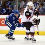 Vancouver Canucks right wing Derek Dorsett (15) fight for control of the puck with Arizona Coyotes right wing Shane Doan (19) during first period NHL action Vancouver,  British Columbia, Monday, Jan. 4, 2016. (Jonathan Hayward/The Canadian Press via AP)