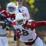 Arizona Cardinals' Justin Bethel (28) breaks away from Carrington Byndom, left, during NFL football practice at Cardinals training facility Wednesday, Jan. 20, 2016, in Tempe, Ariz.  The Cardinals will face the Carolina Panthers in the NFC Championship game on Sunday in Charlotte. (AP Photo/Ross D. Franklin)