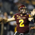Arizona State quarterback Mike Bercovici (2) looks to pass against West Virginia during the first half of the Cactus Bowl NCAA college football game, Saturday, Jan. 2, 2016, in Phoenix. (AP Photo/Ross D. Franklin)