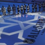 Eastern Conference players line up after being introduced before the NHL hockey All-Star game Sunday, Jan. 31, 2016, in Nashville, Tenn. (AP Photo/Mark Zaleski)