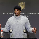 Carolina Panthers quarterback Cam Newton speaks to the media during a news conference in advance of the NFC Championship game against the Arizona Cardinals in Charlotte, N.C., Wednesday, Jan. 20, 2016. (AP Photo/Chuck Burton)