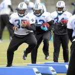 Carolina Panthers' Mike Tolbert (35), Fozzy Whittaker (43), and Cameron Artis-Payne (34) run through a drill during NFL football practice in Charlotte, N.C., as the team prepares for the NFC Championship game against the Arizona Cardinals, Wednesday, Jan. 20, 2016. (David Foster IIICharlotte Observer via AP)