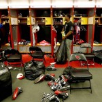 Arizona Cardinals guard Jonathan Cooper, left, and offensive tackle D.J. Humphries clean out their lockers, Monday, Jan. 25, 2016, in Tempe, Ariz. The Cardinals lost to the Carolina Panthers in the NFC Championship football game to end their season. (AP Photo/Matt York)