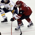 Arizona Coyotes center Tobias Rieder (8) shoots with Buffalo Sabres defenseman Zach Bogosian (47) defending in the second period during an NHL hockey game, Monday, Jan. 18, 2016, in Glendale, Ariz. (AP Photo/Rick Scuteri)