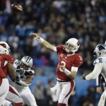 Arizona Cardinals' Carson Palmer throws during the first half the NFL football NFC Championship game against the Carolina Panthers,  Sunday, Jan. 24, 2016, in Charlotte, N.C. (AP Photo/Bob Leverone)