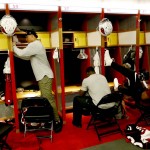 Arizona Cardinals linebacker Kareem Martin, right, Alex Okafor, center, and outside linebacker Alani Fua clean out their lockers, Monday, Jan. 25, 2016, in Tempe, Ariz. The Cardinals lost to the Carolina Panthers in the NFC Championship football game to end their season. (AP Photo/Matt York)