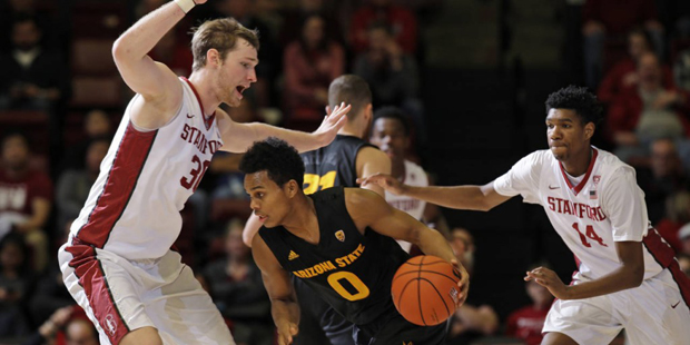 Arizona State guard Tra Holder (0) is defended by Stanford center Grant Verhoeven, left, during the...