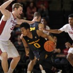 Arizona State guard Tra Holder (0) is defended by Stanford center Grant Verhoeven, left, during the second half of an NCAA college basketball game Saturday, Jan. 23, 2016, in Stanford, Calif. Stanford won 75-73. (AP Photo/Marcio Jose Sanchez)
