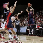 Arizona guard Gabe York (1) make a 3-point basket against Stanford during the first half of an NCAA college basketball game Thursday, Jan. 21, 2016, in Stanford, Calif. (AP Photo/Marcio Jose Sanchez)