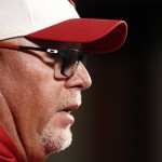 Arizona Cardinals head coach Bruce Arians answers a question during a news conference at the Cardinals NFL football training facility Wednesday, Jan. 20, 2016, in Tempe, Ariz.  The Cardinals will face the Carolina Panthers in the NFC Championship game on Sunday in Charlotte, N.C. (AP Photo/Ross D. Franklin)