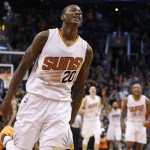 Phoenix Suns guard Archie Goodwin (20) reacts after making the game-winning shot against the Atlanta Hawks during the fourth quarter of an NBA basketball game Saturday, Jan. 23, 2016, in Phoenix. The Suns defeated the Hawks 98-95. (AP Photo/Rick Scuteri)