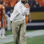 Clemson head coach Dabo Swinney reacts during the first half of the NCAA college football playoff championship game against Alabama Monday, Jan. 11, 2016, in Glendale, Ariz. (AP Photo/David J. Phillip)