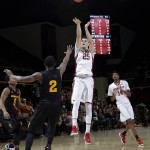 Stanford forward Rosco Allen (25) shoots over Arizona State forward Willie Atwood (2) during the second half of an NCAA college basketball game Saturday, Jan. 23, 2016, in Stanford, Calif. Stanford won 75-73. (AP Photo/Marcio Jose Sanchez)