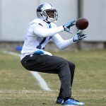 Carolina Panthers' Devin Funchess (17) makes a reception during NFL football practice in Charlotte, N.C., as the team prepares for the NFC Championship game against the Arizona Cardinals, Wednesday, Jan. 20, 2016. (David Foster IIICharlotte Observer via AP)