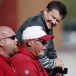 Arizona Cardinals' head coach Bruce Arians, middle, watches his players on the field with team president Michael Bidwill, right, and general manager Steve Keim, during NFL football practice at Cardinals training facility Wednesday, Jan. 20, 2016, in Tempe, Ariz. (AP Photo/Ross D. Franklin)