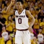 Arizona State guard Tra Holder points upward after making a 3-pointer during the first half of an NCAA college basketball game against Washington State, Thursday, Jan. 14, 2016, in Tempe, Ariz. (AP Photo/Matt York)