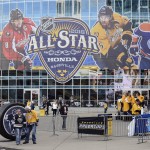 Fans arrive at Bridgestone Arena for the NHL hockey All-Star game Sunday, Jan. 31, 2016, in Nashville, Tenn. (AP Photo/Mark Zaleski)