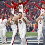 Ohio State cheerleaders celebrate a touchdown during the first half of the Fiesta Bowl NCAA College football game against Notre Dame, Friday, Jan. 1, 2016, in Glendale, Ariz.  (AP Photo/Ross D. Franklin)