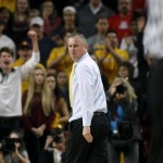 Arizona State head coach Bobby Hurley glares back at an official as he walks off the court after being ejected from the game for a second technical foul during the second half of an NCAA college basketball game against Arizona, Sunday, Jan. 3, 2016, in Tempe, Ariz. Arizona defeated Arizona State 94-82. (AP Photo/Ralph Freso)