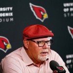 Arizona Cardinals head coach Bruce Arians speaks to the media Monday, Jan. 25, 2016, in Tempe, Ariz. The Cardinals lost to the Carolina Panthers in the NFC Championship football game to end their season. (AP Photo/Matt York)