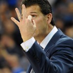 UCLA head coach Steve Alford motions to the officials for a three-second call against Arizona State in the first half of an NCAA college basketball game in Los Angeles, Saturday, Jan. 9, 2016. UCLA won 81-74. (AP Photo/Michael Owen Baker)