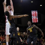 Stanford center Grant Verhoeven, top left, shoots against Arizona State during the second half of an NCAA college basketball game Saturday, Jan. 23, 2016, in Stanford, Calif. Stanford won 75-73. (AP Photo/Marcio Jose Sanchez)