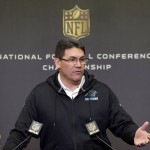 Carolina Panthers head coach Ron Rivera speaks to the media during a news conference in advance of the NFC Championship game against the Arizona Cardinals in Charlotte, N.C., Wednesday, Jan. 20, 2016. (AP Photo/Chuck Burton)