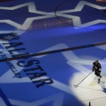 Eastern Conference player Mark Giordano (5), of the Calgary Flames, is introduced before the NHL hockey All-Star game Sunday, Jan. 31, 2016, in Nashville, Tenn. (AP Photo/Mark Zaleski)