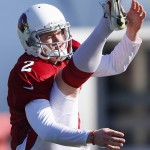 Arizona Cardinals punter Drew Butler watches the flight of a punt during NFL football practice at Cardinals training facility Wednesday, Jan. 20, 2016, in Tempe, Ariz.  The Cardinals will face the Carolina Panthers in the NFC Championship game on Sunday in Charlotte. (AP Photo/Ross D. Franklin)