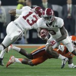 Alabama's Calvin Ridley runs during the first half of the NCAA college football playoff championship game against Clemson Monday, Jan. 11, 2016, in Glendale, Ariz. (AP Photo/Chris Carlson)