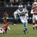 Carolina Panthers' Corey Brown gets away from Arizona Cardinals' Rashad Johnson for a touchdown after a catch during the first half the NFL football NFC Championship game Sunday, Jan. 24, 2016, in Charlotte, N.C. (AP Photo/Bob Leverone)