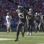 Philadelphia Eagles return specialist Darren Sproles (43) of Team Irvin celebrates after a touchdown during the second quarter of the NFL Pro Bowl football game, Sunday, Jan. 31, 2016, in Honolulu. (AP Photo/Marco Garcia)