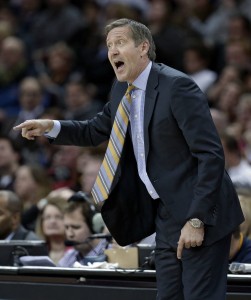Phoenix Suns coach Jeff Hornacek yells to players during the second half of his team's NBA basketball game against the Cleveland Cavaliers, Wednesday, Jan. 27, 2016, in Cleveland. The Cavaliers won 115-93. (AP Photo/Tony Dejak)