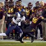 Arizona State wide receiver Devin Lucien (15) can't make the catch as West Virginia cornerback Ricky Rumph (3) defends during the first half of the Cactus Bowl NCAA college football game, Saturday, Jan. 2, 2016, in Phoenix. (AP Photo/Matt York)