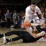 Arizona State guard Kodi Justice (44) grabs a loose ball next to Stanford forward Rosco Allen during the second half of an NCAA college basketball game Saturday, Jan. 23, 2016, in Stanford, Calif. Stanford won 75-73. (AP Photo/Marcio Jose Sanchez)