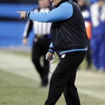 Carolina Panthers head coach Ron Rivera reacts during the first half the NFL football NFC Championship game against the Arizona Cardinals, Sunday, Jan. 24, 2016, in Charlotte, N.C. (AP Photo/Chuck Burton)