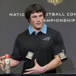 Carolina Panthers linebacker Luke Kuechly speaks to the media during a news conference in advance of the NFC Championship game against the Arizona Cardinals in Charlotte, N.C., Wednesday, Jan. 20, 2016. (AP Photo/Chuck Burton)