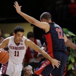Stanford guard Dorian Pickens (11) dribbles around Arizona forward Ryan Anderson (12) during the first half of an NCAA college basketball game Thursday, Jan. 21, 2016, in Stanford, Calif. (AP Photo/Marcio Jose Sanchez)