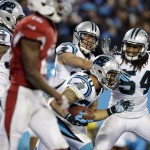 Carolina Panthers' Kurt Coleman is congratulated after intercepting a pass during the first half the NFL football NFC Championship game against the Arizona Cardinals,  Sunday, Jan. 24, 2016, in Charlotte, N.C. (AP Photo/Bob Leverone)