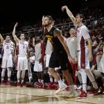 Stanford forward Rosco Allen (25) makes a 3-point basket over Arizona State forward Eric Jacobsen (21) during the second half of an NCAA college basketball game Saturday, Jan. 23, 2016, in Stanford, Calif. Stanford won 75-73. (AP Photo/Marcio Jose Sanchez)