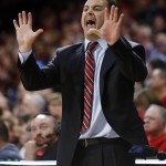 Arizona coach Sean Miller reacts during a play against Oregon State during the second half of an NCAA college basketball game Saturday, Jan. 30, 2016, in Tucson, Ariz. Arizona defeated Oregon State 80-63. (AP Photo/Rick Scuteri)