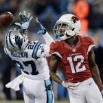 Carolina Panthers' Robert McClain breaks up a pass intended for Arizona Cardinals' John Brown (12) during the first half the NFL football NFC Championship game Sunday, Jan. 24, 2016, in Charlotte, N.C. (AP Photo/David J. Phillip)