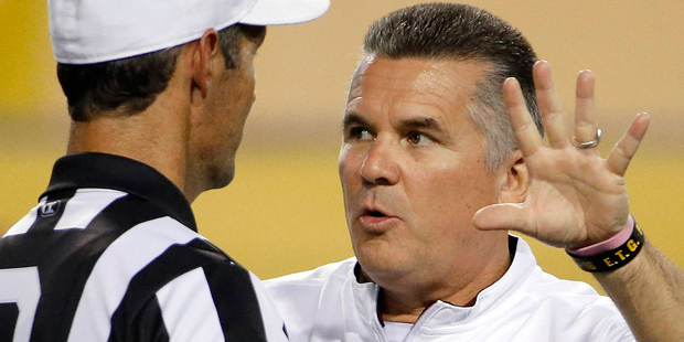 FILE - In this Sept. 12, 2015, file photo, Arizona State head coach Todd Graham, right, talks with ...