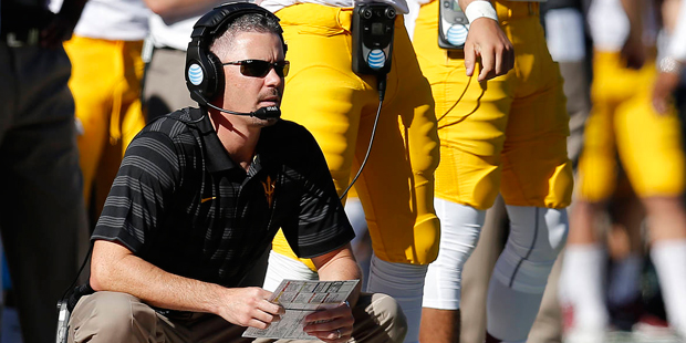 Arizona State offensive coordinator Mike Norvell watches from the sidelines during the second half ...